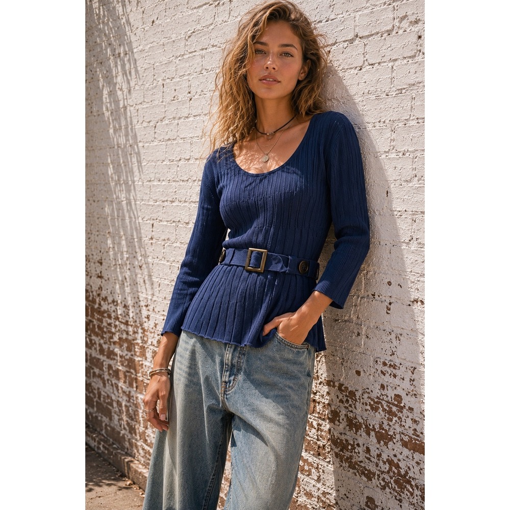 Vintage Requirements Blue Cotton Ribbed Knit Belted Scoop Neck Top 90s Large